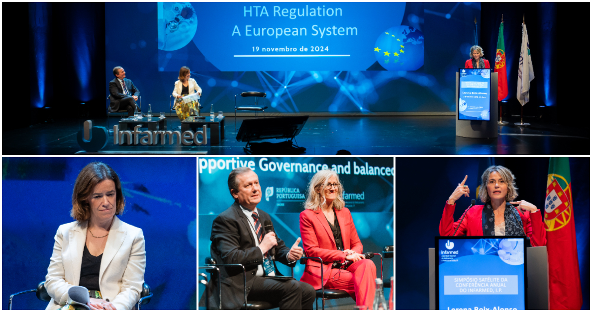 Ana Povo, Secretária de Estado da Saúde, Rui Santos Ivo, Presidente do Infarmed, Roisin Adams, presidente do Grupo de Coordenação HTA da União Europeia, e Lorena Boix-Alonso, diretora geral adjunta da DG SANTE da Comissão Europeia
