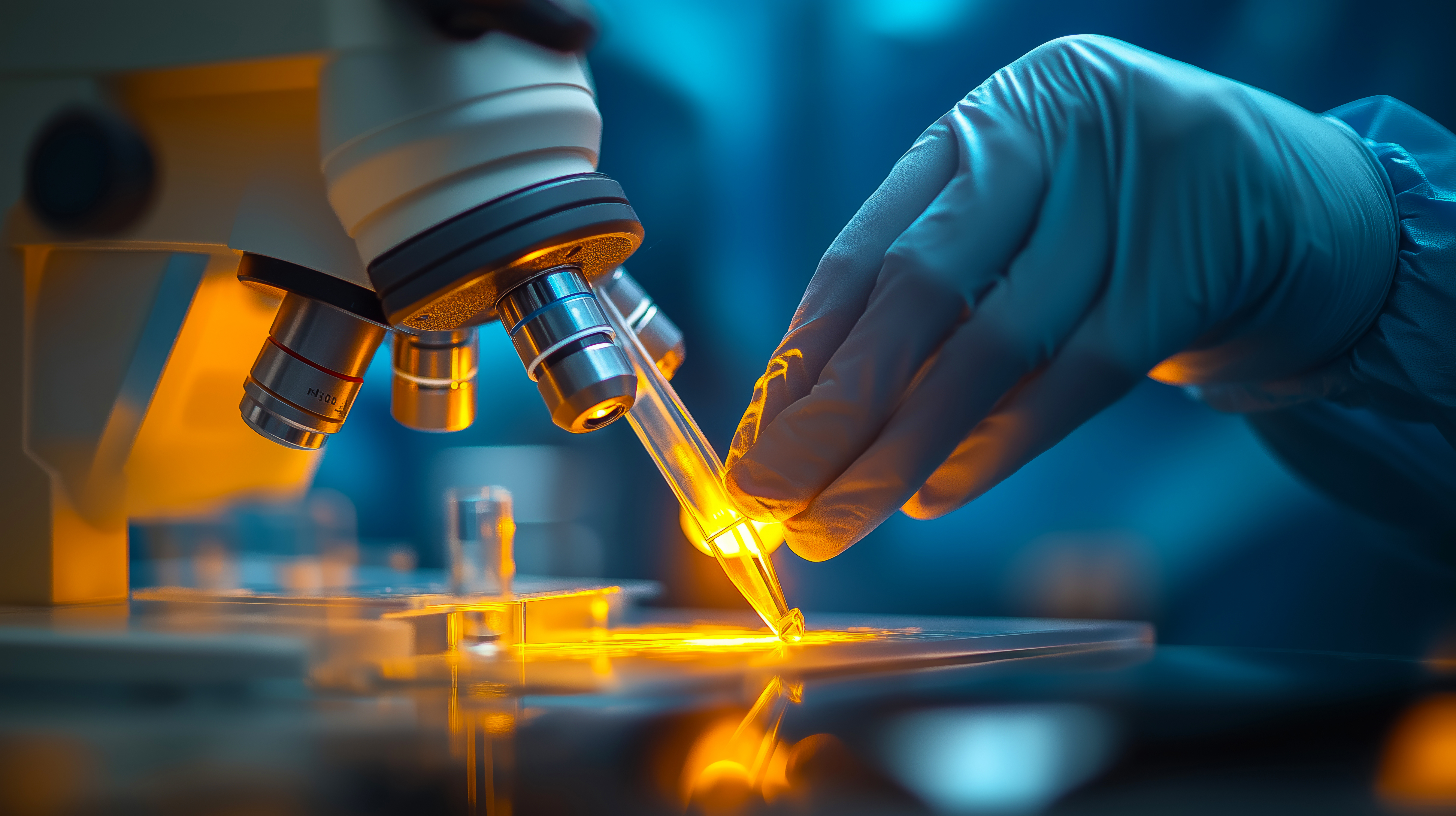 Teste de laboratório (close-up de microscópio, pipeta)