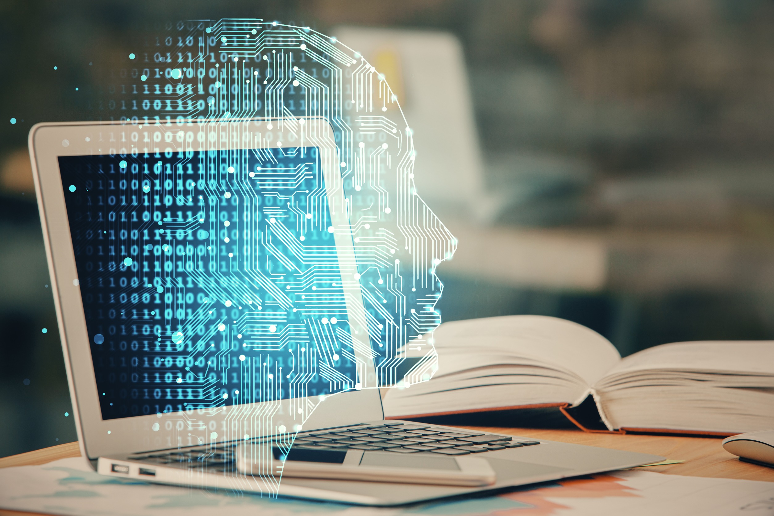 Holograma de desenho de computador e cérebro. Conceito de inteligência artificial.