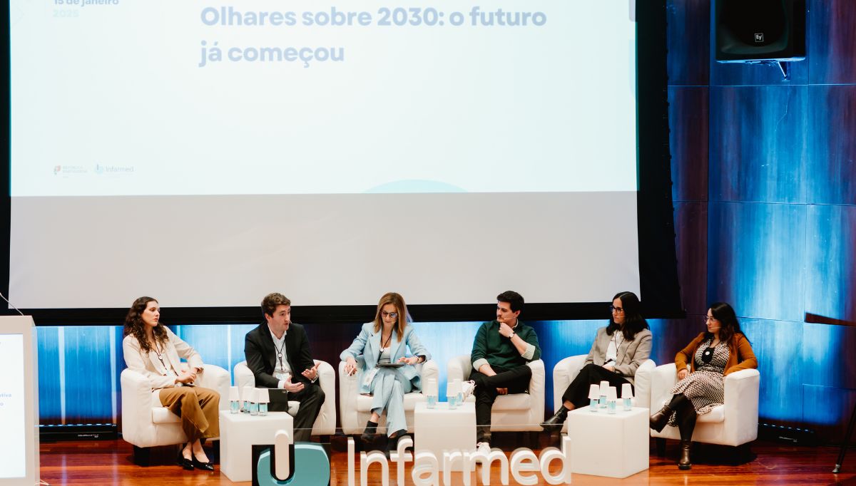 Imagem de painel de oradores com o tema: Olhares sobre o futuro