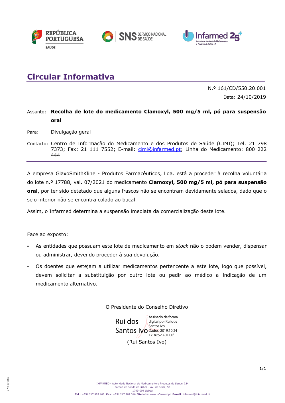Recolha De Lote Do Medicamento Clamoxyl 500 Mg 5 Ml Po Para Suspensao Oral Redirecionamento Infarmed I P